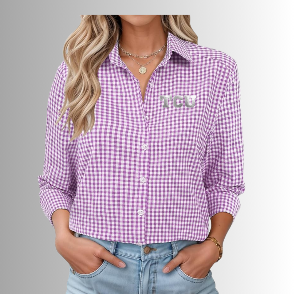 TCU Fans Women's Button Down Gingham Shirt